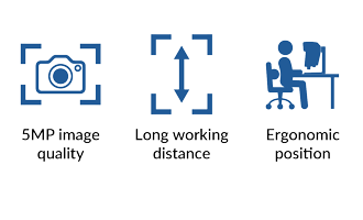 icons: 5MP image quality, long working distance, ergonomic position